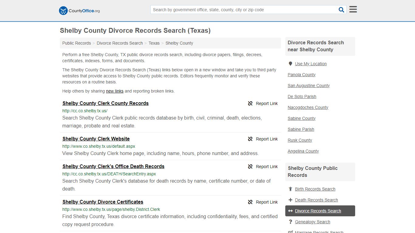 Shelby County Divorce Records Search (Texas) - County Office